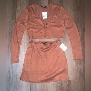 Brown Ribbed Crop Top and Mini Skirt Set